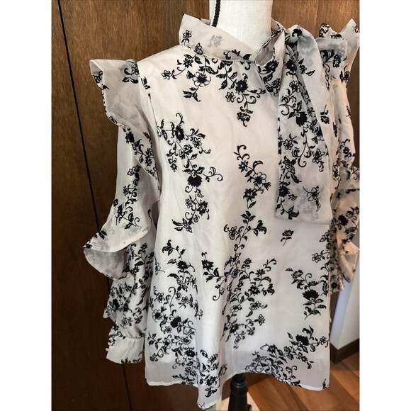 New Blouse M Beige Lined W Flocked Flowers Ruffled Sleeves Romantic Whimsy Goth - Picture 12 of 16